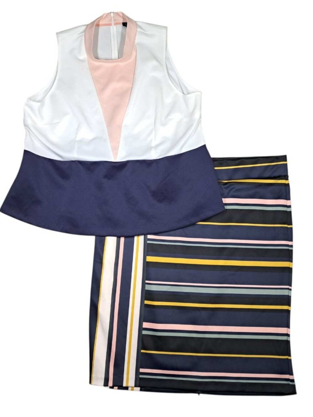 Eloquii Skirt Top Set Outfit 28 Neoprene Pencil Striped Sleeveless Peplum Office